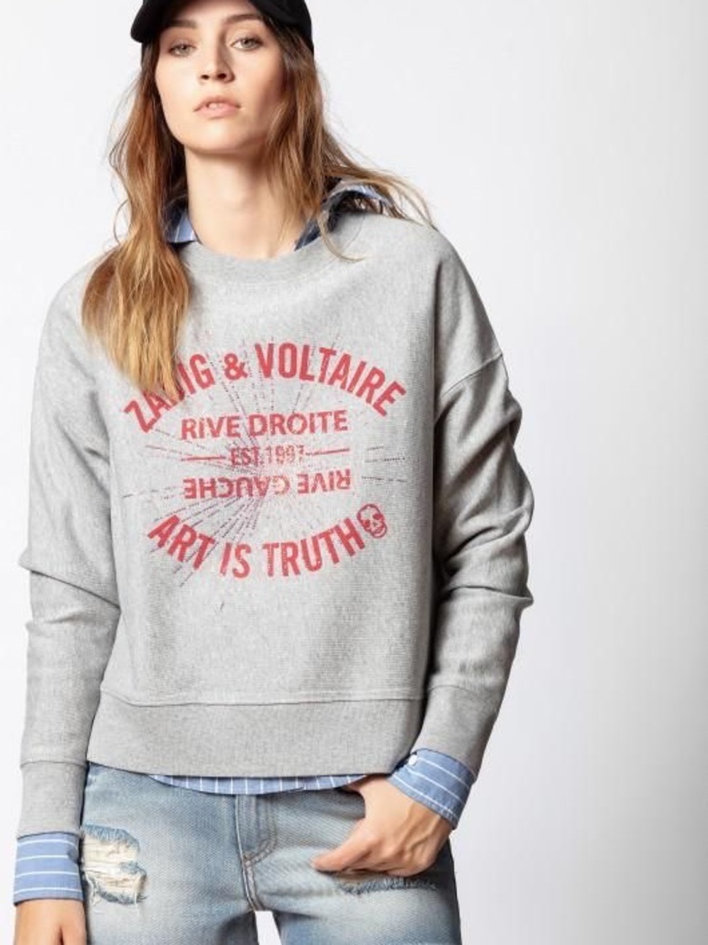 Zadig & Voltaire Light Gray Crewneck with Red Logo Print